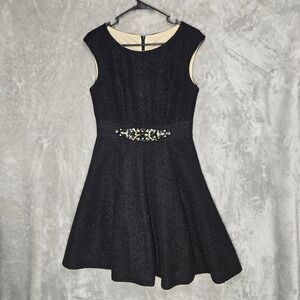Eliza J Womens Sz 6 Black‎ Dress Embellished Waist Cap Sleeve Fit Flare Party